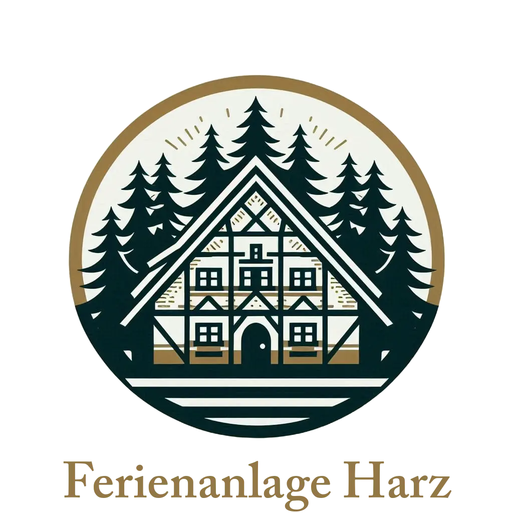 Logo der Ferienanlage Harz: Ein goldener Kreis, in dessen Mitte ein Fachwerkhaus mit großen Tannen im Hintergrund abgebildet ist. Unter dem Kreis steht "Ferienanlage Harz"