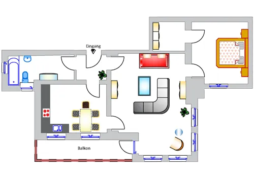 Zeichnung des Wohnungsgrundriss mit Möblierung der einzelnen Zimmern für die Ferienwohnung Lisa